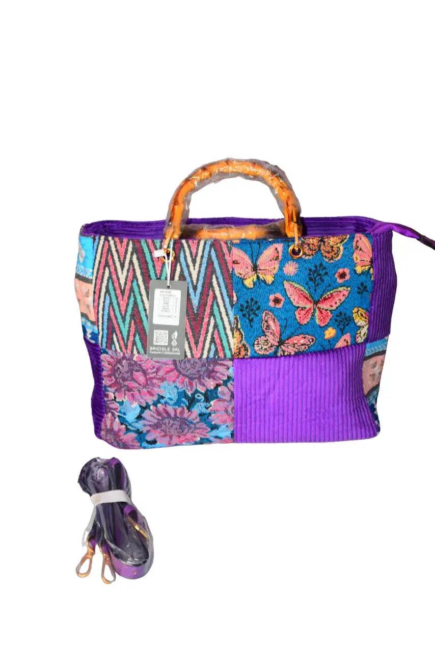 Bamboo-style fabric handbag with mother-of-pearl handles. Vérano Mulberry/Black - MAADFASHION31