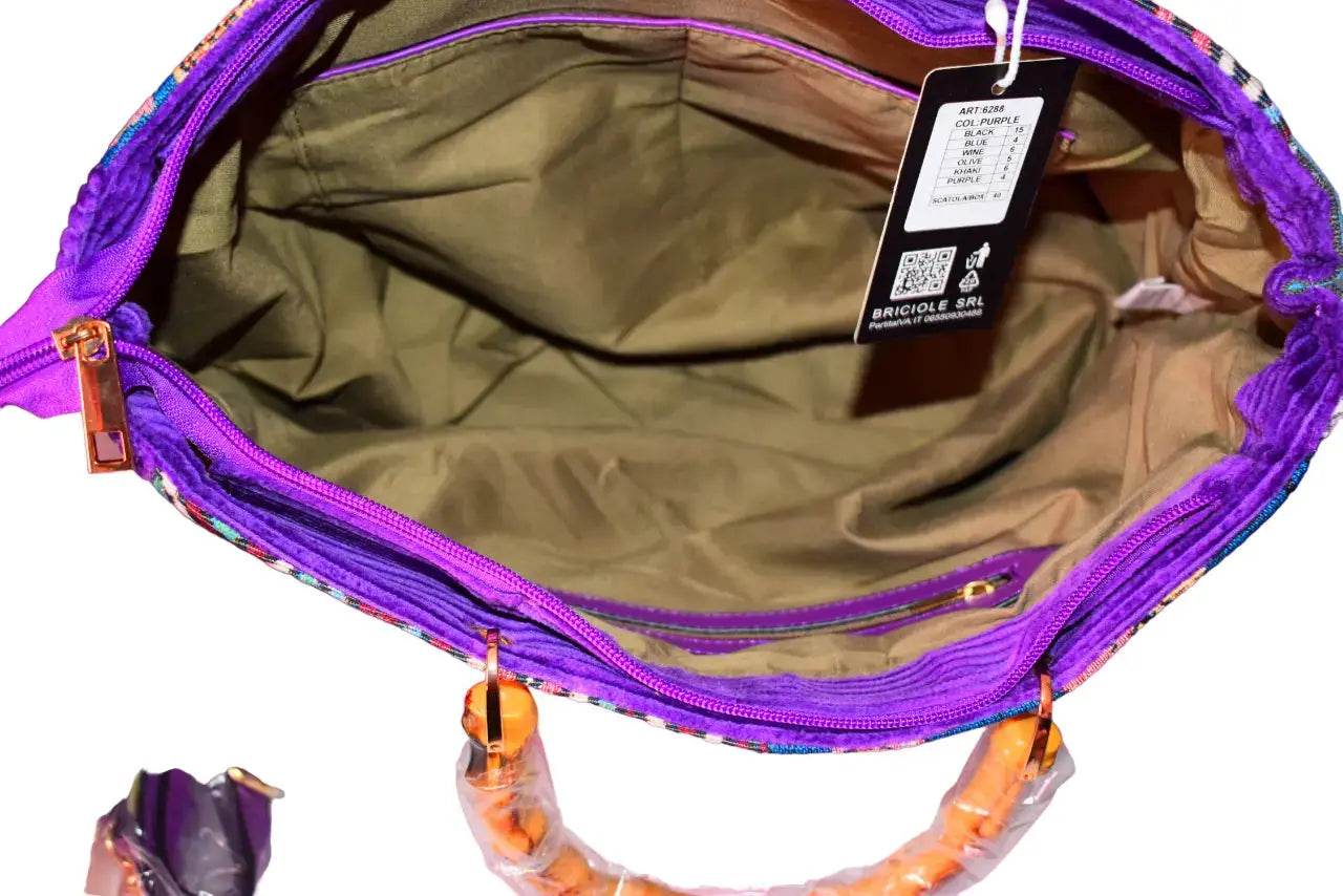 Bamboo-style fabric handbag with mother-of-pearl handles. Vérano Mulberry/Black - MAADFASHION31